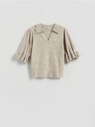 Sweter z kołnierzykiem - beżowy. Brązowe swetry Reserved, l, bez wzorów, z dzianiny, bez ramiączek. Za 129.99 zł.