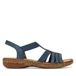 Sandały Rieker. Niebieskie sandały Rieker, bez wzorów, bez obcasa, na płaskiej podeszwie, bez zapięcia. Za 223.99 zł.