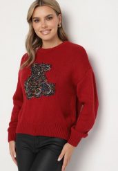 Bordowy Sweter z Wiskozy Ozdobiony Misiem i Cekinami Lilimi. Czerwone swetry Born2be, l, bez wzorów, z jeansu, eleganckie, bez ramiączek. W wyprzedaży za 118.99 zł.