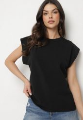 Czarny Bawełniany Top z Falbanką przy Ramionach Galantia. Czarne topy Born2be, s, bez wzorów, z bawełny, eleganckie, bez kołnierzyka, bez ramiączek. Za 79.99 zł.