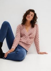 Sweter ażurowy w optyce kopertowego. Czerwone swetry bonprix, w ażurowe wzory, bez ramiączek. Za 117.99 zł.