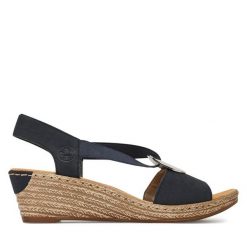 Sandały Rieker. Niebieskie sandały Rieker, bez wzorów, bez obcasa, na koturnie, bez zapięcia. Za 299.99 zł.