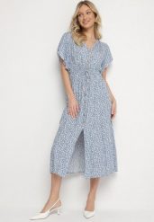 Niebieska Bawełniana Sukienka Rozkloszowana w Cętki z Ozdobnymi Guzikami Alulune. Niebieskie sukienki Born2be, na co dzień, l, bez wzorów, z bawełny, eleganckie, bez kołnierzyka, bez ramiączek, midi, kopertowe. W wyprzedaży za 42.49 zł.