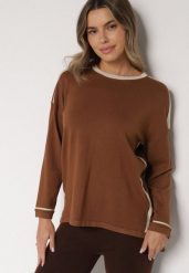 Brązowy Sweter z Bawełną i Metaliczną Nicią Tusima. Brązowe swetry Born2be, l, bez wzorów, z bawełny, eleganckie, bez ramiączek. Za 79.99 zł.