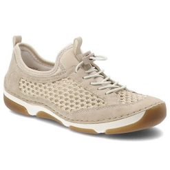 Półbuty damskie Rieker, cholewka ze skóry ekologicznej z przewiewnymi wstawkami z siateczki elastyczne sznurowanie wsuwany fason, beżowe, 55960-60. Brązowe półbuty wsuwane Rieker, na lato, w ażurowe wzory, z materiału, bez obcasa, na płaskiej podeszwie. Za 305.90 zł.