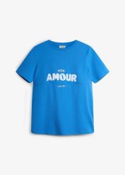 T-shirt 2w1 na okres ciąży i do karmienia z bawełny organicznej. Niebieskie t-shirty bonprix, bez wzorów, z bawełny, bez kołnierzyka, bez ramiączek. Za 72.99 zł.