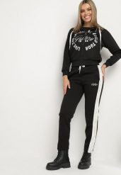 Czarny Komplet Dresowy Rozpinana Bluza z Kapturem Spodnie z Napisami Semirwen. Czarne bluzy Born2be, l, bez wzorów, z dresówki, z kapturem. W wyprzedaży za 127.49 zł.
