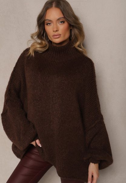Brązowy Golf Oversize z Wełną z Opadającą Linią Ramion Lilirea. Brązowe swetry Renee, bez wzorów, z jeansu, eleganckie, bez ramiączek. Za 169.99 zł.
