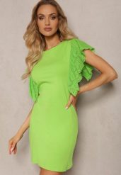 Jasnozielona Sukienka z Bawełny Wykończona Ażurowym Rękawem Detmolfa. Zielone sukienki Renee, na co dzień, m, w ażurowe wzory, z bawełny, eleganckie, bez kołnierzyka, bez ramiączek, mini, proste. W wyprzedaży za 48.99 zł.