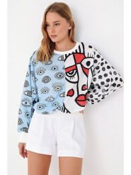 Trendyol Bluza w kolorze błękitno-biało-czerwonym rozmiar: S. Białe bluzy bez kaptura Trendyol, s, bez wzorów, z bawełny, bez kaptura. Za 65.69 zł.