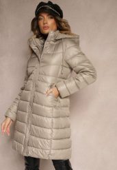 Beżowa Długa Kurtka z Kapturem i Dwustronnym Suwakiem Zdobiona Pikowaniem Sanvela. Brązowe kurtki Renee, l, z aplikacjami, z dzianiny, eleganckie, z kapturem. Za 139.99 zł.