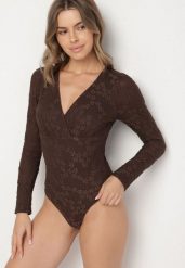 Brązowe Koronkowe Body z Bawełną z Długim Rękawem Zenarria. Brązowe body i gorsety Born2be, z aplikacjami, z bawełny, bez ramiączek. Za 89.99 zł.