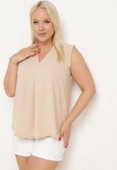 Beżowy Top o Luźnym Kroju z Trójkątnym Dekoltem Nestatine. Brązowe topy Born2be, xl, bez wzorów, rockowe, bez kołnierzyka, bez ramiączek. Za 59.99 zł.