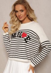 Beżowo-Czarny Sweter z Napisem Smile i Wzorem w Paski Suwaia. Brązowe swetry Renee, z aplikacjami, casualowe, bez ramiączek. W wyprzedaży za 103.99 zł.