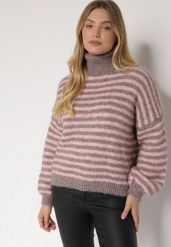 Szaro-Różowy Golf z Domieszką Wełny w Paski Monallia. Szare swetry Born2be, m, bez wzorów, z jeansu, eleganckie, bez ramiączek. Za 159.99 zł.