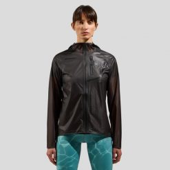 Kurtka damska ODLO Jacket ZEROWEIGHT DUAL DRY PK WATERPROOF. Czarne kurtki do biegania ODLO, l, bez wzorów, z materiału, z kapturem, do biegania. Za 1,299.99 zł.