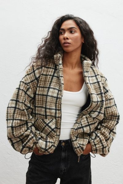 Bluza typu baranek w kratę BEŻOWO CZARNĄ - VELMORE 9344-UNI. Brązowe bluzy bez kaptura Marsala, na zimę, m, bez wzorów, z bawełny, bez kaptura. Za 1.00 zł.