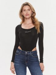 Guess Body Allycia V4RP05 KC2V0 Czarny Slim Fit. Czarne body i gorsety Guess, z aplikacjami, z syntetyku, bez ramiączek. Za 109.99 zł.