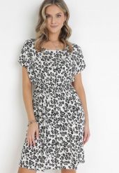 Biała Sukienka z Wiskozy w Kwiaty i Gumką w Pasie Alixeme. Białe sukienki Born2be, l, bez wzorów, z wiskozy, bez kołnierzyka, bez ramiączek, mini. Za 69.99 zł.