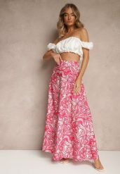 Fuksjowe Spodnie z Wiskozy o Szerokim Kroju High Waist z Abstrakcyjnym Wzorem Nilianea. Czerwone jeansy Renee, l, z aplikacjami, z jeansu, biznesowe, z podwyższonym stanem. W wyprzedaży za 79.99 zł.