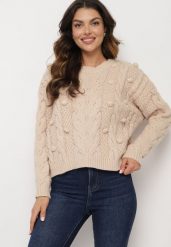 Beżowy Sweter z Wiskozą i Wełną Aplikacją 3D i Tłoczeniem Vaishira. Brązowe swetry Born2be, na zimę, m, z aplikacjami, z wełny, bez ramiączek. W wyprzedaży za 84.99 zł.