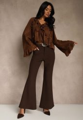 Brązowe Spodnie Flare z Wiskozy i Bawełny z Paskiem w Kowbojskim Stylu Tusiera. Brązowe jeansy Renee, l, bez wzorów, z bawełny, boho. Za 149.99 zł.