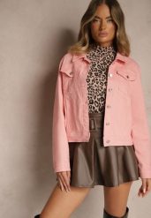 Różowa Jeansowa Kurtka z Bawełny z Guzikami i Kieszeniami Ainztia. Czerwone kurtki Renee, l, bez wzorów, z bawełny, klasyczne, bez kaptura. Za 129.99 zł.