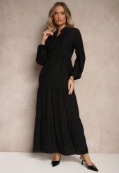 Czarna Rozkloszowana Sukienka z Wiskozy w Stylu Boho z Koronką i Gumką Gonalien. Czarne sukienki Renee, na co dzień, l, bez wzorów, z koronki, boho, bez kołnierzyka, bez ramiączek, maxi, rozkloszowane. W wyprzedaży za 111.99 zł.