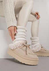 Beżowe Rustykalne Śniegowce z Niską Cholewką Zdobione Futrem i Kokardą Tuspena. Brązowe śniegowce Renee, z aplikacjami, z dzianiny, przed kostkę, bez zapięcia. Za 99.99 zł.