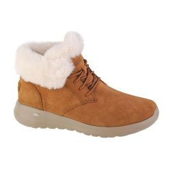 Buty zimowe damskie, Skechers On-The-Go Joy Lush. Brązowe buty trekkingowe Skechers, bez wzorów, z materiału, przed kolano, bez zapięcia, trekkingowe. Za 199.99 zł.