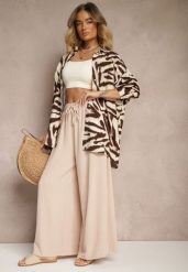 Beżowe Spodnie Palazzo o Szerokim Kroju Ozdobione Sznurkiem Ularira. Brązowe jeansy Renee, l, bez wzorów, z jeansu, eleganckie. W wyprzedaży za 29.99 zł.