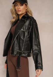Czarna Kurtka Ramoneska Vintage z Ekoskóry z Paskiem i Asymetrycznym Suwakiem Leovia. Czarne kurtki Renee, m, bez wzorów, z jeansu, vintage, bez kaptura. Za 239.99 zł.