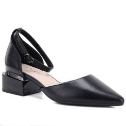 Czółenka damskie na klocku z paskiem czarne Vinceza 62278. Czarne czółenka VINCEZA, bez wzorów, ze skóry ekologicznej, eleganckie, bez obcasa, bez zapięcia. Za 149.99 zł.