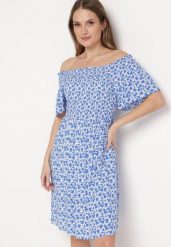 Niebieska Wiskozowa Sukienka Mini z Hiszpańskim Dekoltem w Kwiatowy Print Ijorilda. Niebieskie sukienki Born2be, m, bez wzorów, z wiskozy, bez kołnierzyka, bez ramiączek, mini. Za 79.99 zł.