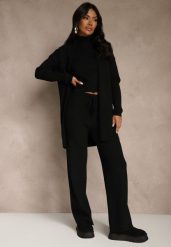 Czarny Komplet z Dzianiny z Wiskozą Spodnie Bluzka ze Stójką i Kardigan Vetisene. Czarne swetry Renee, l, bez wzorów, z dzianiny, bez ramiączek. Za 189.99 zł.