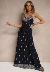 Granatowa Kopertowa Sukienka na Ramiączkach z Bawełny z Wiązanym Paskiem Reveesia. Niebieskie sukienki Renee, na imprezę, l, bez wzorów, z bawełny, bez kołnierzyka, bez ramiączek, maxi, dopasowane. Za 89.99 zł.