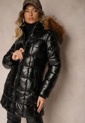 Czarno-Brązowa Kurtka z Pikowaniem i Odpinanym Kapturem Ozdobiona Futerkiem Izarella. Czarne kurtki Renee, l, bez wzorów, z jeansu, eleganckie. Za 189.99 zł.