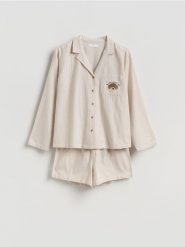 Dwuczęściowa piżama z bawełny - beżowy. Brązowe piżamy Reserved, l, bez wzorów, z bawełny, bez kołnierzyka, bez ramiączek. Za 139.99 zł.
