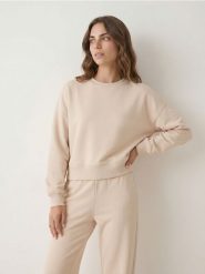 Krótka bluza crewneck - beżowy. Brązowe bluzy Sinsay, l, bez wzorów, bez kaptura, do biegania. Za 49.99 zł.