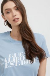Guess t-shirt bawełniany kolor niebieski. Niebieskie t-shirty Guess, l, z aplikacjami, z bawełny, bez kołnierzyka, bez ramiączek. Za 189.99 zł.
