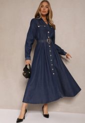 Granatowa Wiskozowa Sukienka Koszulowa z Bawełną Ozdobiona Paskiem Halanoria. Niebieskie sukienki Renee, na spotkanie biznesowe, l, bez wzorów, z bawełny, eleganckie, bez kołnierzyka, bez ramiączek, midi, koszulowe. W wyprzedaży za 227.99 zł.