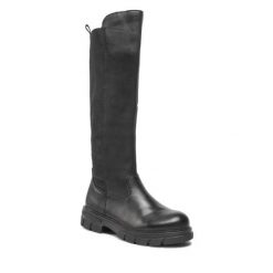 Kozaki Rieker. Czarne kozaki Rieker, bez wzorów, bez obcasa, na płaskiej podeszwie, bez zapięcia. Za 239.99 zł.