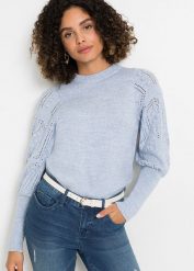 Sweter w ażurowy wzór. Niebieskie swetry bonprix, w ażurowe wzory, bez ramiączek. Za 144.99 zł.