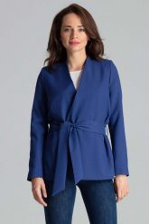 Szafirowy Stylowy Żakiet bez Zapięcia z Wiązanym Paskiem. Niebieskie marynarki i żakiety Katrus, l, bez wzorów, z materiału, eleganckie, bez ramiączek. Za 299.00 zł.