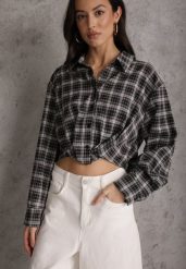 Czarna Koszula z Bawełny Typu Crop w Kratę Ozdobiona Marszczeniem Risettes. Czarne koszule Renee, m, bez wzorów, z bawełny, bez kołnierzyka, bez ramiączek. Za 109.99 zł.