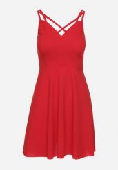 Czerwona Rozkloszowana Sukienka z Ozdobnymi Paskami Redaina. Czerwone sukienki Born2be, l, bez wzorów, eleganckie, bez kołnierzyka, bez ramiączek, mini, rozkloszowane. Za 69.99 zł.