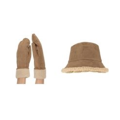 Rękawiczki damskie i kapelusz typu bucket zamszowe w kolorze piaskowym, rozmiar. Brązowe kapelusze SARLINI, na jesień, bez wzorów, z materiału, eleganckie. Za 197.80 zł.