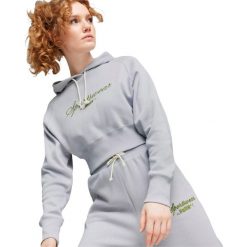 Bluza z kapturem Puma Classics Relaxed Cropped, Kobiety. Szare bluzy Puma, xs, bez wzorów, z bawełny, sportowe, bez ramiączek, z kapturem. Za 390.00 zł.