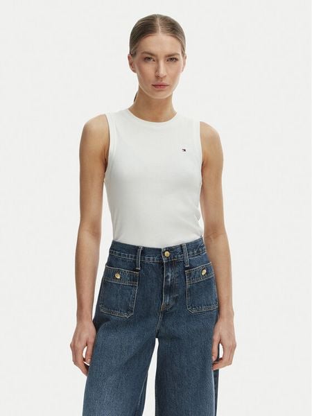 Tommy Hilfiger Top WW0WW47806 Écru Slim Fit. Białe topy Tommy Hilfiger, xxs, bez wzorów, z bawełny, bez kołnierzyka, bez ramiączek. Za 96.99 zł.