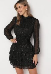 Czarna Elegancka Sukienka z Błyszczącymi Drobinkami i Falbankami Tinaria. Czarne sukienki Born2be, l, bez wzorów, eleganckie, bez kołnierzyka, bez ramiączek, mini. W wyprzedaży za 127.49 zł.